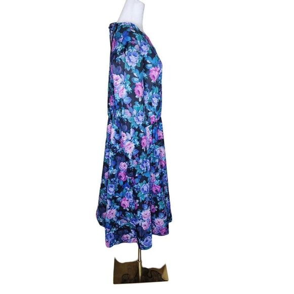 Vintage 80s Long Sleeve Blouson Floral Dress Womens Size 2XL Blue Purple - Picture 3 of 6
